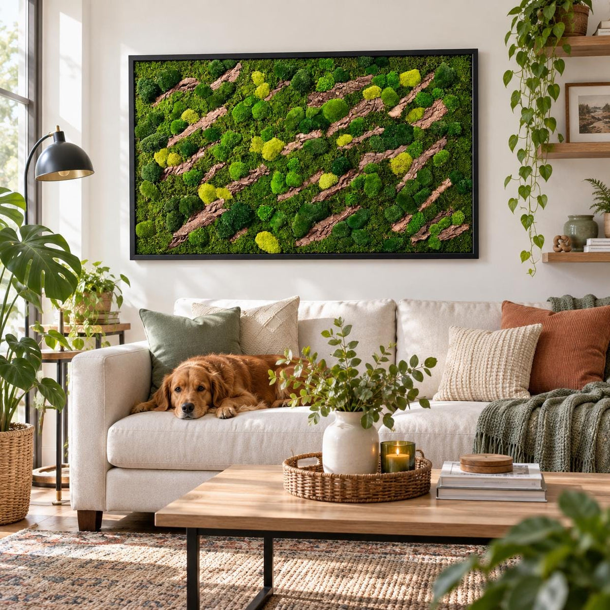 A rectangular wall art piece featuring a dense arrangement of preserved green moss in various shades and textures, interspersed with diagonal strips of natural brown tree bark, all enclosed within a simple black frame.