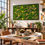 A rectangular wall art piece featuring a dense arrangement of preserved green moss in various shades, interspersed with diagonal strips of textured brown tree bark, all enclosed within a thin, black rectangular frame.