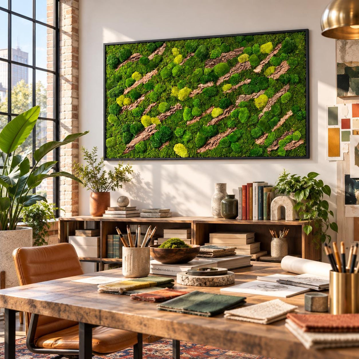 A rectangular wall art piece featuring a dense arrangement of preserved green moss in various shades, interspersed with diagonal strips of textured brown tree bark, all enclosed within a thin, black rectangular frame.