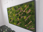 A rectangular wall art piece featuring a dense arrangement of preserved green moss in various shades, interspersed with diagonal strips of textured brown tree bark, all enclosed within a thin black metal frame.