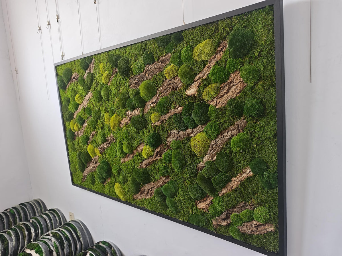 A rectangular wall art piece featuring a dense arrangement of preserved green moss in various shades, interspersed with diagonal strips of textured brown tree bark, all enclosed within a thin black metal frame.