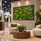 A rectangular wall art piece featuring a dense arrangement of preserved green moss in varying shades of lime and forest green, interspersed with diagonal strips of textured brown bark, all enclosed within a thin black frame.