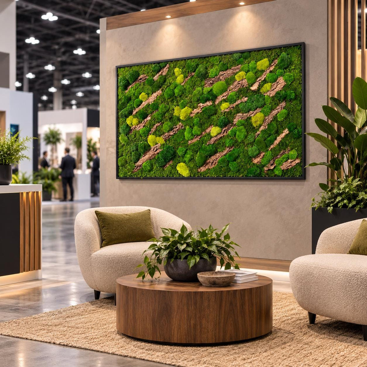 A rectangular wall art piece featuring a dense arrangement of preserved green moss in varying shades of lime and forest green, interspersed with diagonal strips of textured brown bark, all enclosed within a thin black frame.