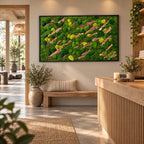 A rectangular wall art piece featuring a dense arrangement of preserved green moss in various shades, interspersed with diagonal strips of textured brown tree bark, all enclosed within a thin, simple black frame.
