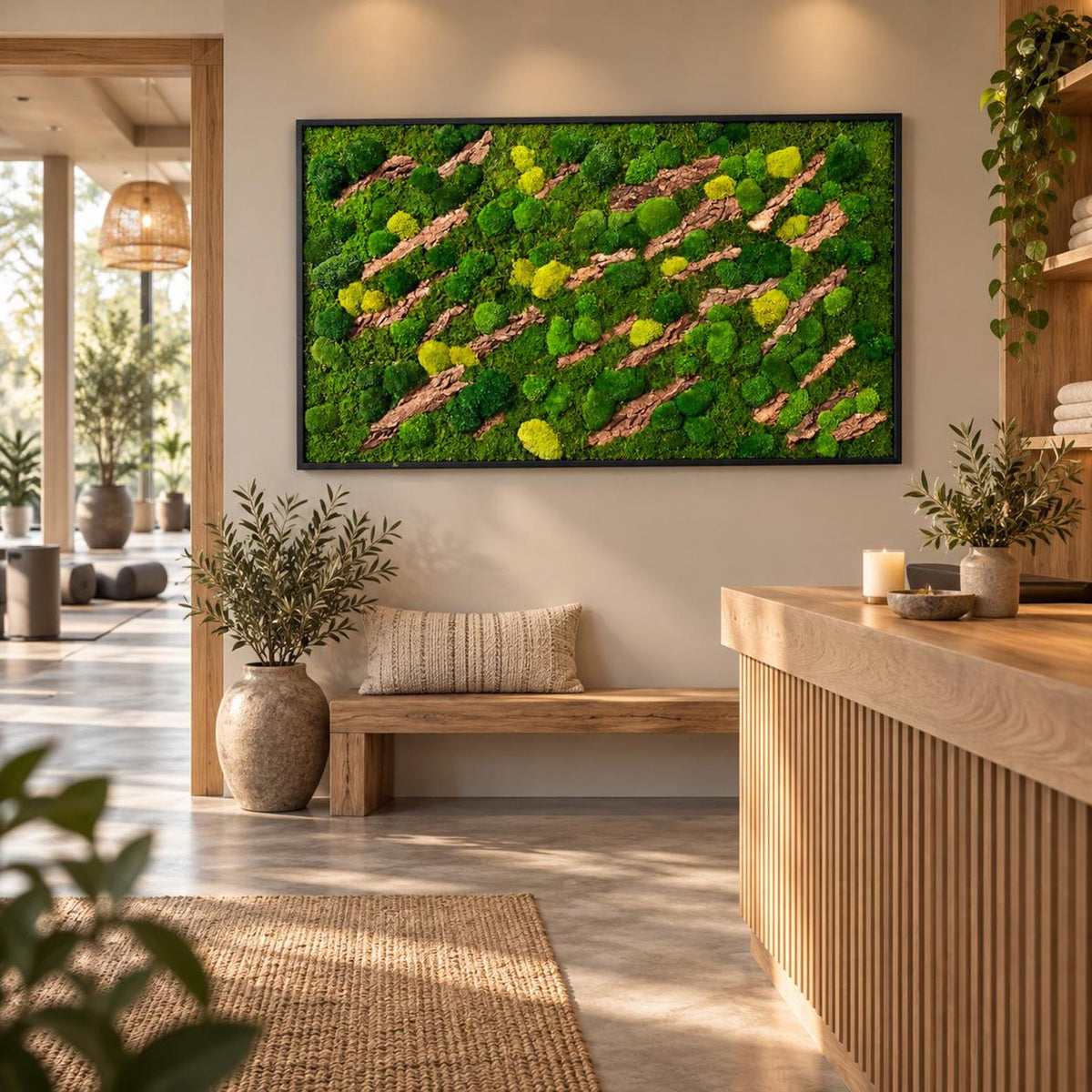 A rectangular wall art piece featuring a dense arrangement of preserved green moss in various shades, interspersed with diagonal strips of textured brown tree bark, all enclosed within a thin, simple black frame.