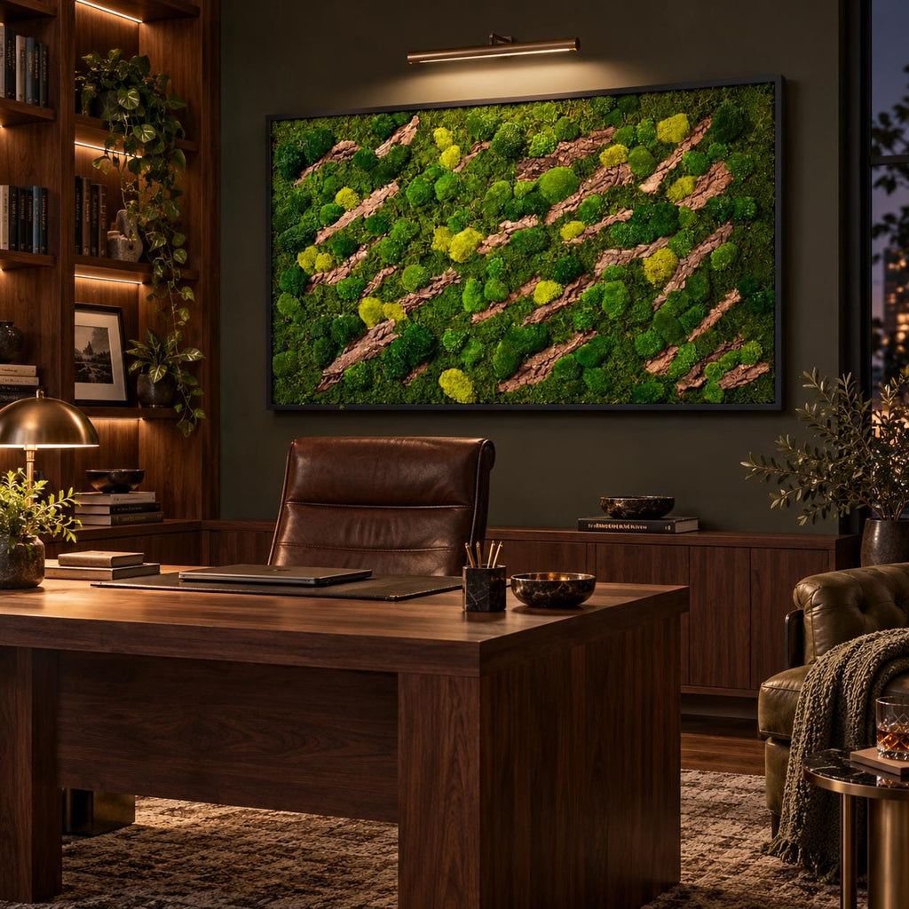 A rectangular wall art piece featuring a dense arrangement of preserved green moss in varying shades of lime and forest green, interspersed with diagonal strips of textured brown tree bark, all enclosed in a thin black frame.