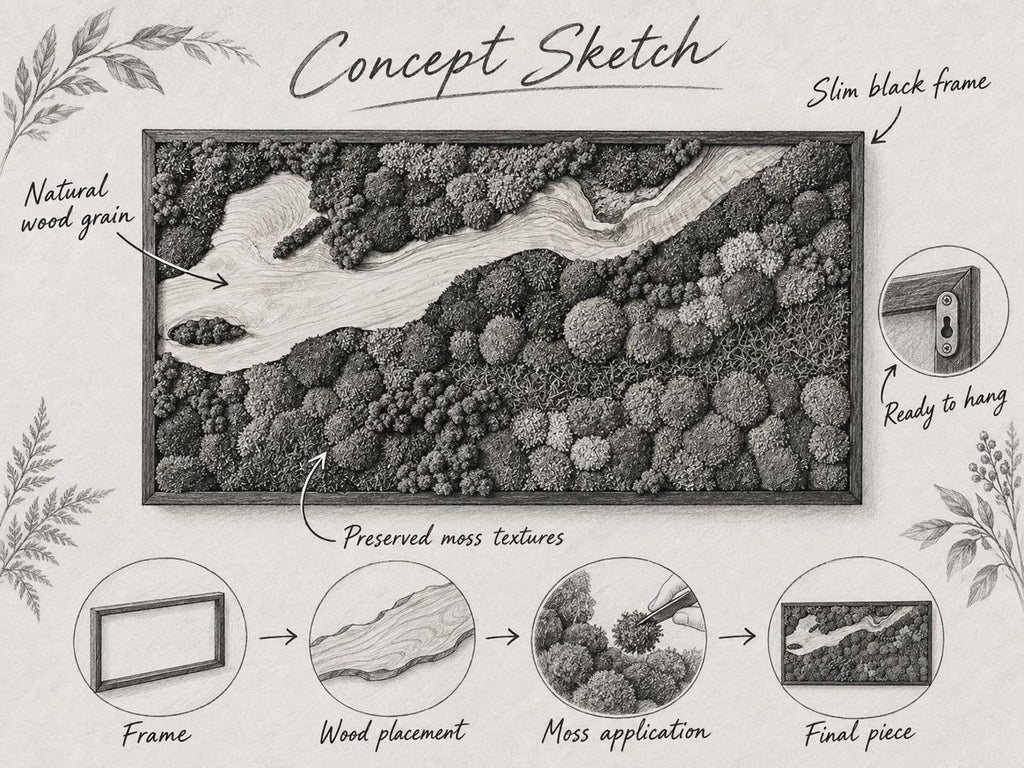 A rectangular wall art piece titled Concept Sketch featuring a slim black frame, natural wood grain, and preserved moss textures. The image includes diagrams showing the frame, wood placement, moss application, and the final piece.