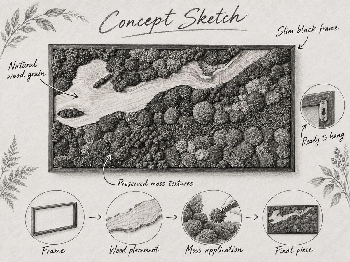 A rectangular wall art piece titled Concept Sketch featuring a slim black frame, natural wood grain, and preserved moss textures. The image includes diagrams showing the frame, wood placement, moss application, and the final piece.