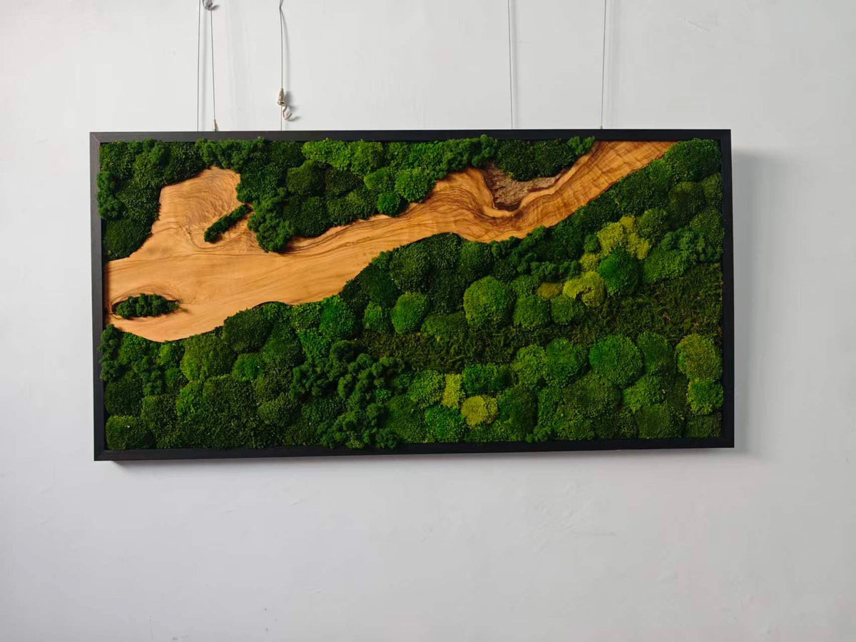 A rectangular wall art piece featuring a black frame enclosing a natural wood slab with a prominent grain pattern, surrounded by dense, textured patches of preserved green moss in varying shades of emerald and forest green.