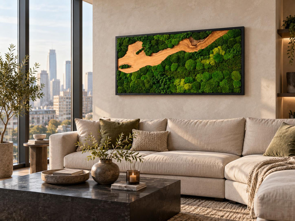 A rectangular wall art piece featuring a black frame enclosing a landscape design made of preserved green moss and a central light-colored wooden element that resembles a winding river or path through a dense forest.
