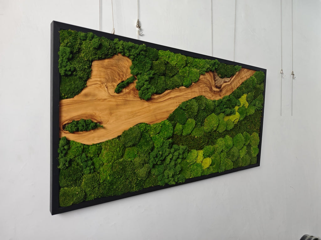 A rectangular wall art piece featuring a black frame containing a natural wood slab with a prominent grain pattern, surrounded by dense, textured green moss in varying shades of forest and lime green, creating a landscape effect.