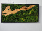 A rectangular wall art piece featuring a black frame enclosing a natural wood slab with a prominent grain pattern, surrounded by dense clusters of preserved green moss in varying shades of emerald, forest, and lime green.