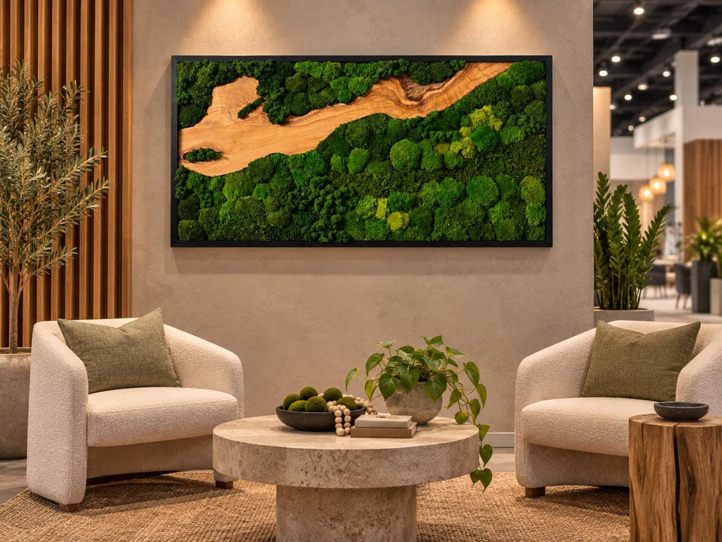 A rectangular wall art piece featuring a natural wood grain section flowing through dense, preserved green moss, all encased in a thin black frame. The composition mimics a river landscape with varied textures of vibrant green moss.