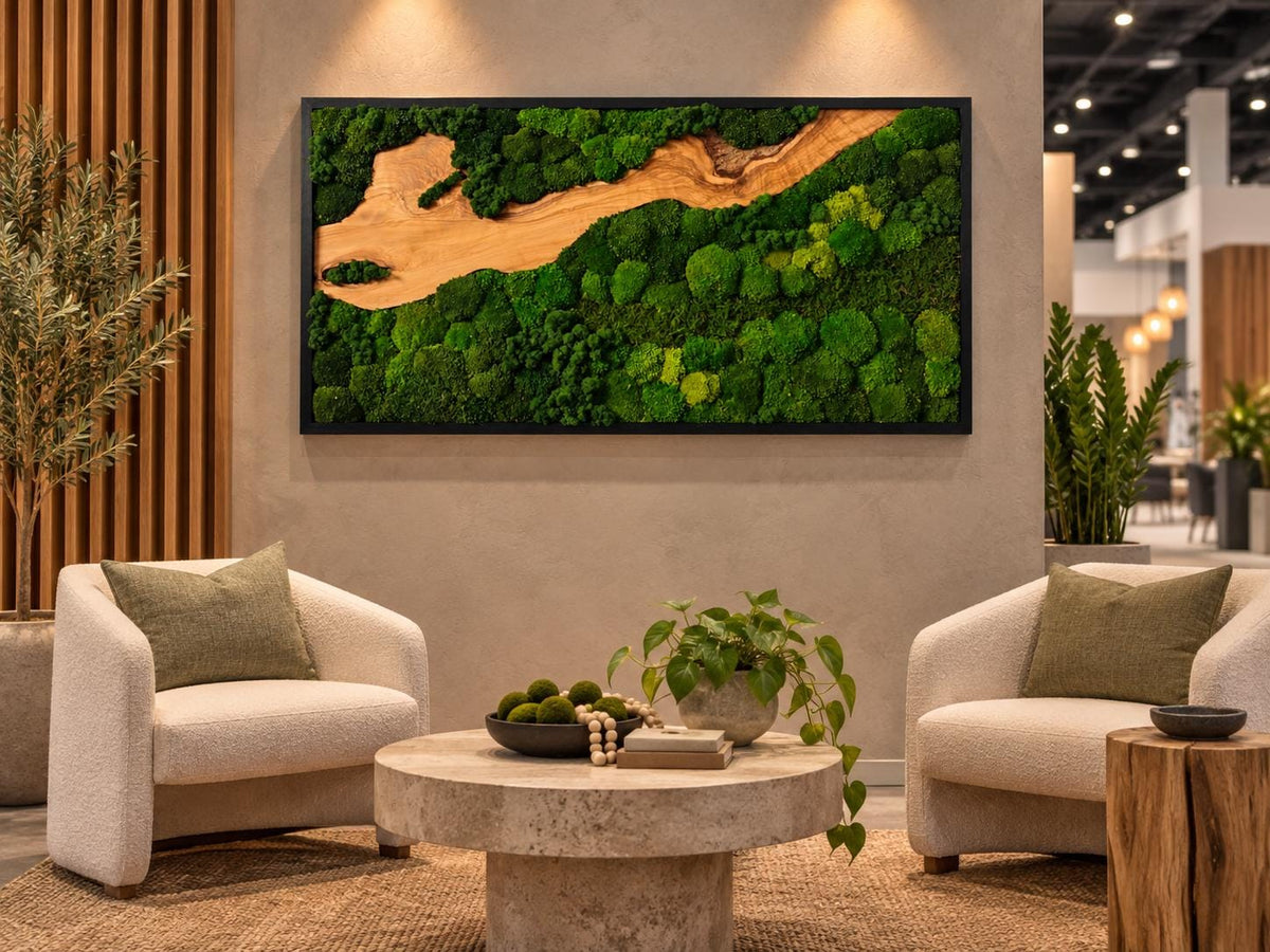 A rectangular wall art piece featuring a natural wood grain section flowing through dense, preserved green moss, all encased in a thin black frame. The composition mimics a river landscape with varied textures of vibrant green moss.