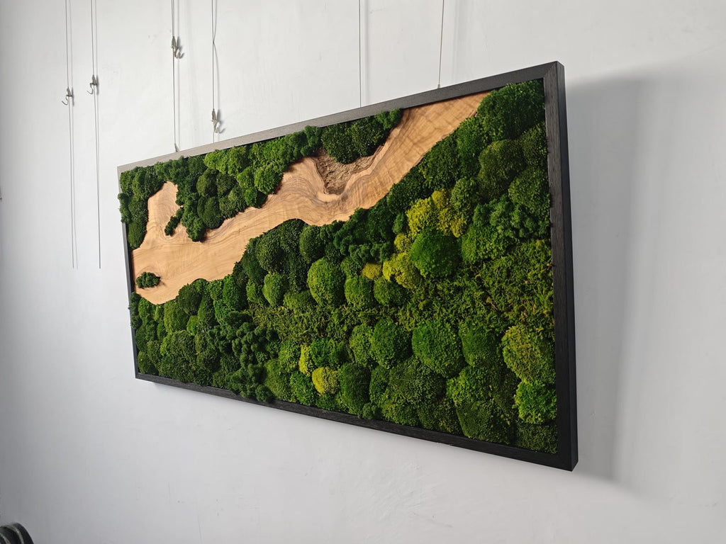 A rectangular wall art piece featuring a black frame containing a natural wood slab with a wavy grain pattern, surrounded by dense clusters of preserved green moss in varying shades of emerald, lime, and forest green textures.