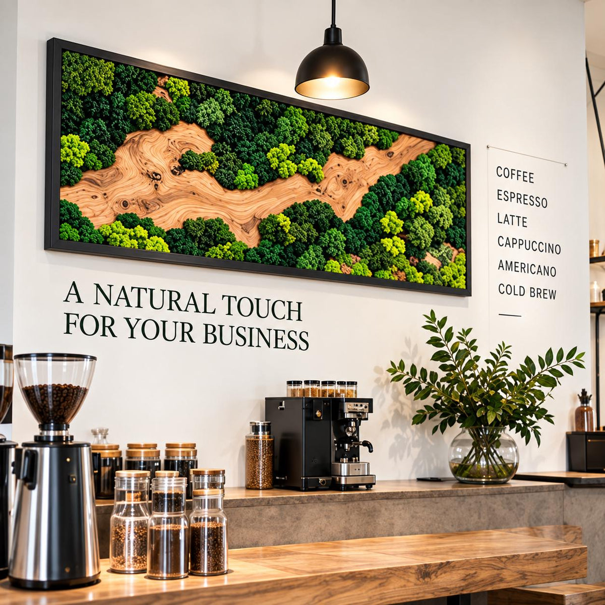 A rectangular wall art piece featuring preserved green moss and a central winding wood grain pattern in a black frame. The wall displays the text A NATURAL TOUCH FOR YOUR BUSINESS and a list of coffee drinks including COFFEE, ESPRESSO, LATTE.