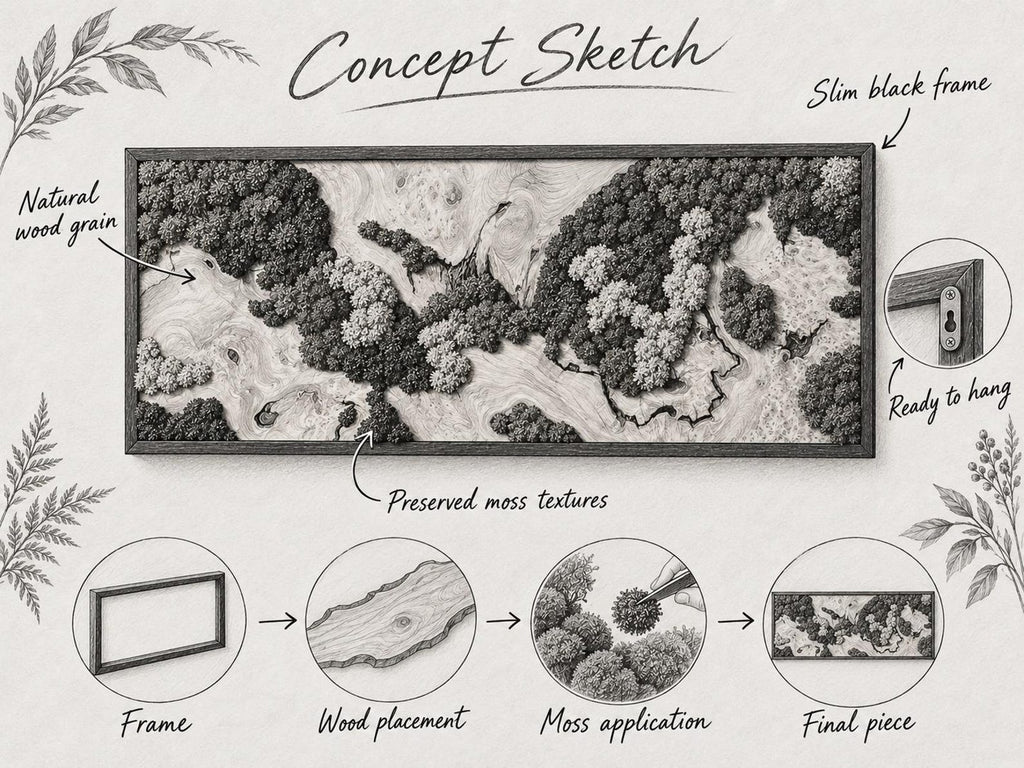 A rectangular wall art piece titled Concept Sketch featuring a slim black frame, natural wood grain, and preserved moss textures. The image includes diagrams showing the frame, wood placement, moss application, and the final piece.