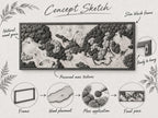 A rectangular wall art piece titled Concept Sketch featuring a slim black frame, natural wood grain, and preserved moss textures. The image includes diagrams showing the frame, wood placement, moss application, and the final piece.