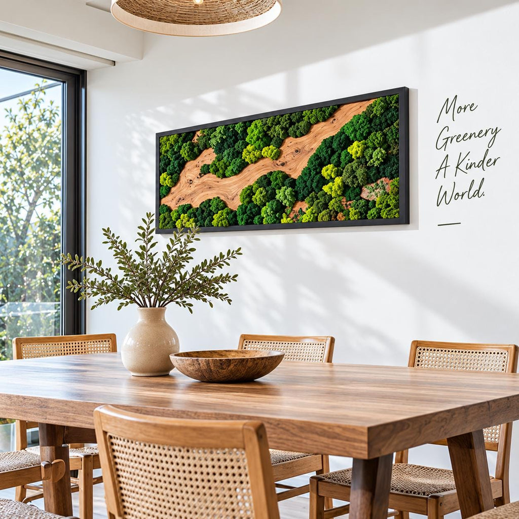 A rectangular wall art piece featuring preserved green moss and natural wood elements in a black frame. The wall displays the text "More Greenery A Kinder World." The artwork is positioned above a wooden dining table with a vase.
