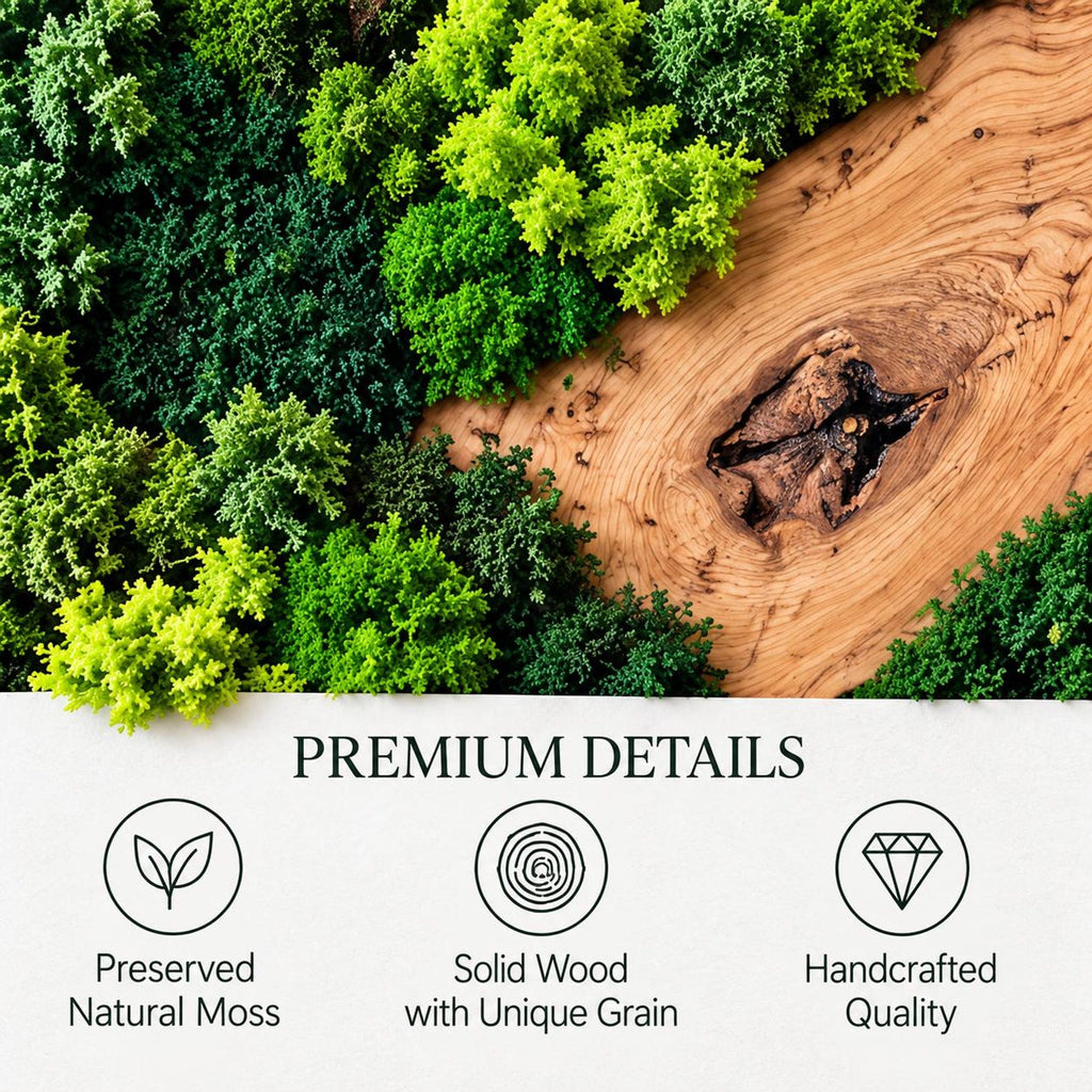 A decorative wall panel featuring a section of preserved natural green moss in varying shades of lime and forest green alongside a polished light brown wood slab with a dark knot. Text reads PREMIUM DETAILS, Preserved Natural Moss, Solid Wood with Unique Grain, and Handcrafted Quality.