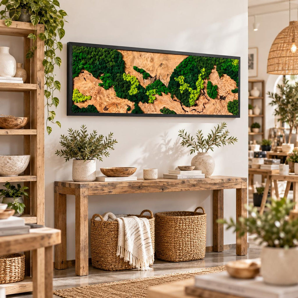 A rectangular wall art piece featuring preserved green moss and natural wood grain textures encased in a thin black frame. The artwork displays a landscape-like composition with patches of dark and light green moss interspersed with tan wood.