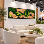 A rectangular wall art piece featuring a black frame enclosing a landscape design of preserved green moss in varying shades of lime and forest green, interspersed with textured natural wood elements across the entire horizontal surface.