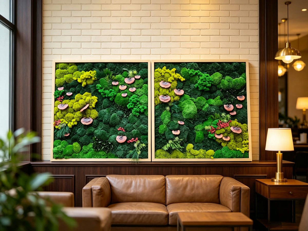 Room styling concept with two moss and mushroom artworks above a brown leather sofa.